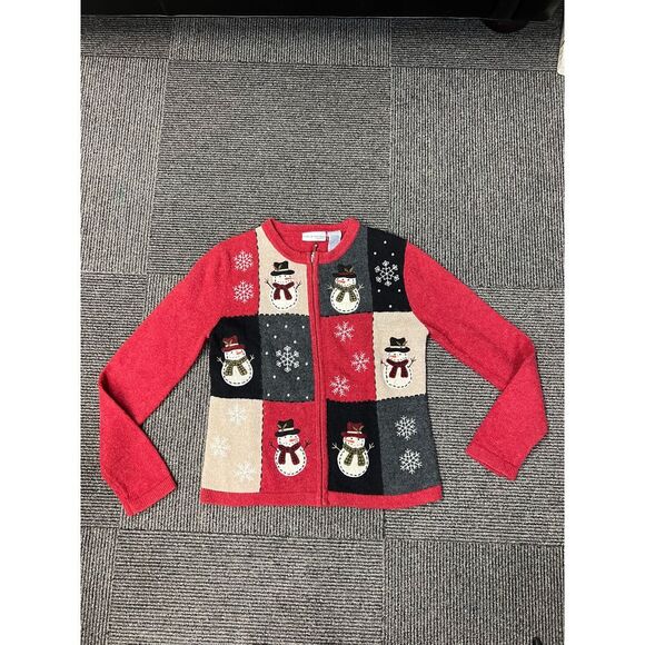 Festive Snowman Patchwork Christmas Sweater with Zip Front Red Holiday Design - Picture 2 of 6